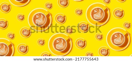 Many cups of coffee on yellow background. Pattern for design