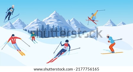 Winter sport activities concept. Happy men and women skiing or snowboarding in snowy Alps or mountains. Landscape with high cliffs, snow drifts and characters. Cartoon flat vector illustration Royalty-Free Stock Photo #2177756165