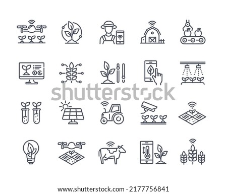 Smart farm simple line icon set. Innovative technologies for managing farm or agriculture. Automatic watering of plants and harvesting. Cartoon flat vector collection isolated on white background Royalty-Free Stock Photo #2177756841