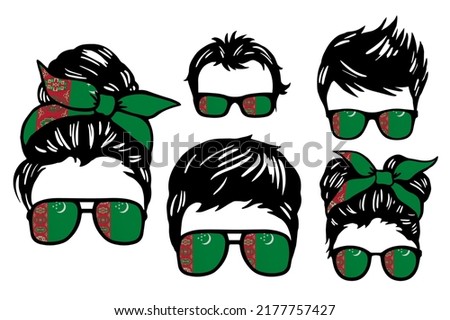 Family clip art set in colors of national flag on white background. Turkmenistan