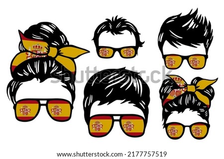 Family clip art set in colors of national flag on white background. Spain