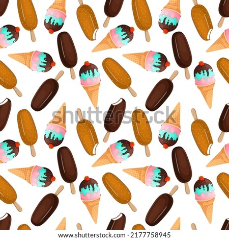 Seamless pattern with popsicle on a stick and ice cream in a strawberry cone. Vector illustration of chocolate and milk ice cream sundae for fabrics, textures, wallpapers, posters, cards.