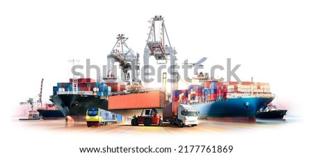 Global business logistics transport import export and International trade concept, Logistics distribution of containers cargo freight ship, Truck and train on white background, Transportation industry Royalty-Free Stock Photo #2177761869