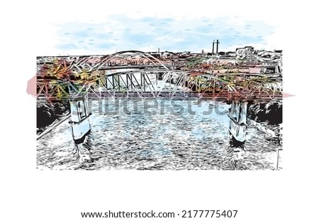 Building view with landmark of Nashville is the city in Tennessee. Watercolor splash with hand drawn sketch illustration in vector.