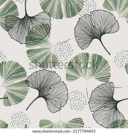 Seamless pattern of gingko leaf. An endless pattern of green leaves. For wrapping paper. Ideal for wallpaper, surface textures, textiles. Royalty-Free Stock Photo #2177784843