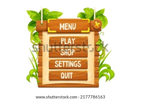 Game menu Jungle frame with wooden planks, old paper, rope, decorated plants and leaves in comic cartoon style isolated on white background. Tribal, rural clip art. Ui game asset.