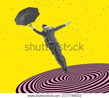 Shocked man with umbrella is swallowed up by abyss. Contemporary art collage. New ideas and creative inspiration. Concept of retro vintage style. optical illusion elements. Fantasy, psychedelic and Royalty-Free Stock Photo #2177788033