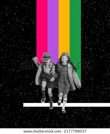 Contemporary art collage. Stylish little boy and girl, children running over black background with colorful stripes. Concept of retro design, creativity, imagination, inspiration, ad