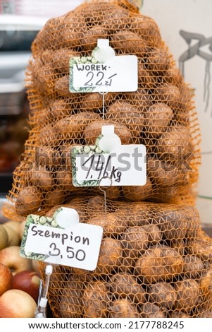 Potato on farmers market in Poland with prices. Raw organic local agriculture