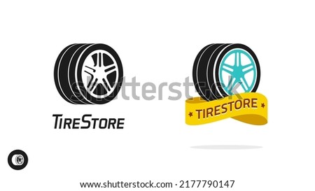 Tire store shop icon logo vector for automobile or car tyre wheel automotive service flat illustration, modern shape silhouette isolated on white background pictogram