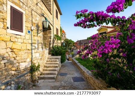 charming cobblestone street in old town of Omis in Dalmatia in Croatia Royalty-Free Stock Photo #2177793097