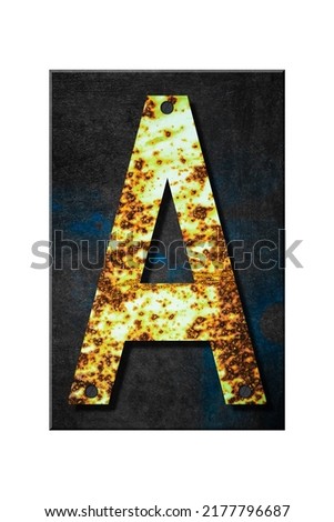 Letter A. Alphabet from letters, from rusty iron, on a wooden plank. Isolated on white background. Education. Design element.
