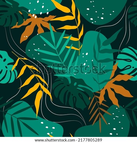 vector seamless summer tropical pattern with tropical leaves, abstract figures and dots