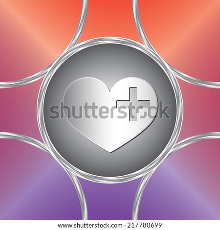 First aid medical sign on heart shape. Vector button. Bright background. Original design                               