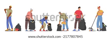 Set of People Collecting Trash, Garbage Pollution, Ecology and Earth Protection Concept Isolated on White Background. Volunteers Clean Up Wastes into Bags on Street. Cartoon Vector Illustration Royalty-Free Stock Photo #2177807845