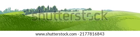 Green grass field hills. Meadow, alkali, lye, grassland, pommel, lea, pasturage, farm. Rural scenery landscape panorama of countryside pastures. Vector watercolor realistic illustration Royalty-Free Stock Photo #2177816843