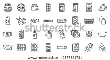 Cough drops icons set outline vector. Pill medicine. Drugs disease Royalty-Free Stock Photo #2177821731