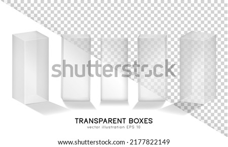 Set of five 3D white transparent boxes in front and perspective view. Vector mockup of rectangular glass containers for product presentation. Plastic containers, shipping cases, cubes template Royalty-Free Stock Photo #2177822149