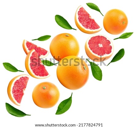 flying sliced grapefruit with green leaves isolated on white background. clipping path Royalty-Free Stock Photo #2177824791
