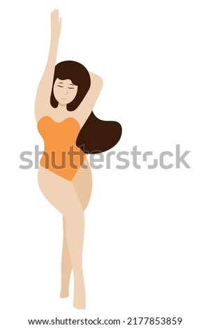 Overweight cartoon girl portrait, girl in swimsuit, isolate on white, flat vector, girl stands with one hand up
