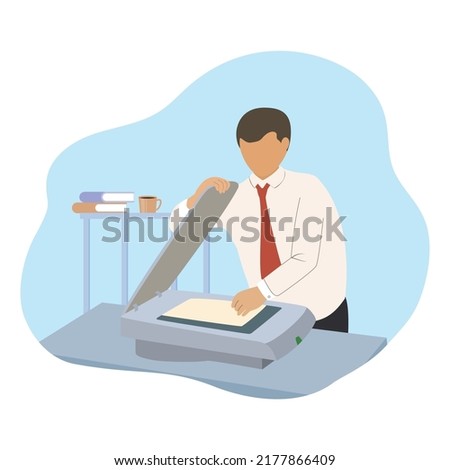 Man stands for copying while other sheets of paper are flying. Flat design Illustration about Photocopy in the office.