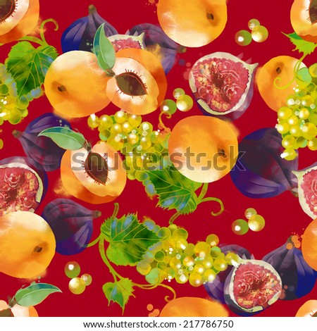watercolor vector seamless pattern of apricot, grape and figs