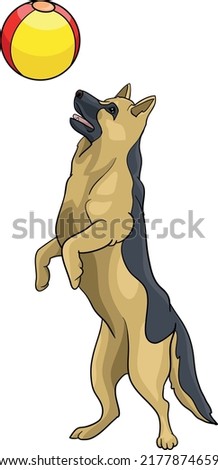 German Shepherd, wolfhound, playing with beach ball on the grass drawing vector illustration dog police