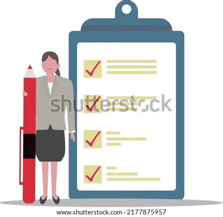 Businesswoman and checklist on a clipboard paper. Vector illustration