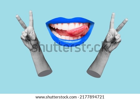 Two female hands showing a peace gesture and woman mouth with blue lips showing tongue isolated on a blue color background. Trendy abstact collage in magazine style. 3d contemporary art. Modern design