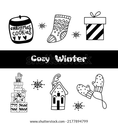 Cute doodle christmas set with warm socks, mittens, a christmas house, and beautiful gifts.Hand drawn winter vector illustration for seasonal design.