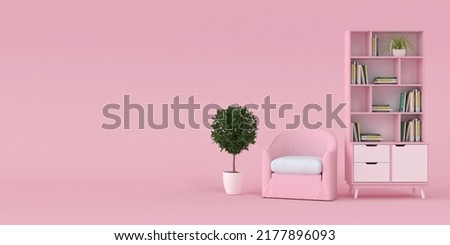 3D rendering interior has book shelve, armchair, plant on empty pink wall background