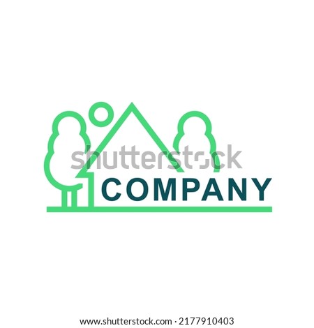 Green logo with country house and landscape. Simple minimal design and template. Isolated vector illustration on white background.