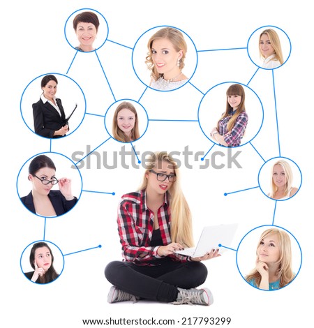 teenage girl with laptop and her social network isolated on white background