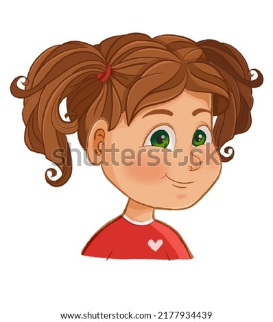 Smiling Girl with Green Eyes, Brown Hair with Ponytails and a red t-shirt