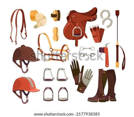 Equestrian sport accessories cartoon illustration set. Equipment for horse riding, helmet, brushes, tack, gloves, girth, uniform and saddle. Competition, race concept Royalty-Free Stock Photo #2177938385
