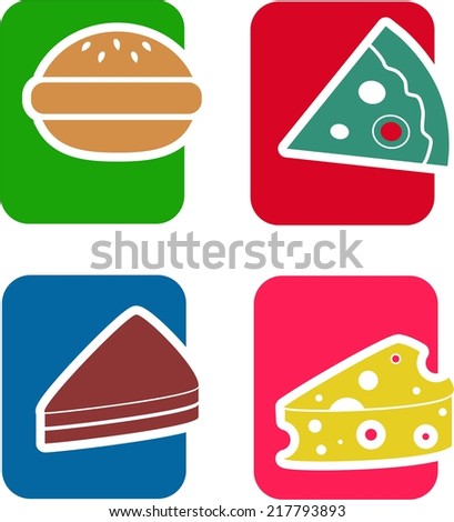 A set of four, two color icons on the theme of food and snacks, including a burger, slice of pizza, a sandwich and a chunk of cheese.