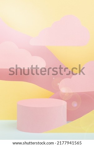 Fantasy cartoon abstract scene mockup - round pink podium, mountain landscape - pink, yellow, mint, sun blinks, clouds, vertical. Template for advertising, presentation cosmetic, goods, advertising.