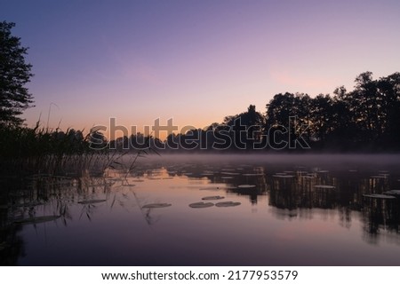 Beautiful mystical landscape. Forest lake at summer night before sunrise. Fog above calm water. Scenic nature. Royalty-Free Stock Photo #2177953579