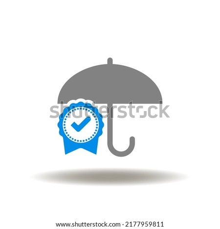 Vector illustration of umbrella and stamp with check mark. Icon of insurance. Symbol of safety intellectual property and rights.