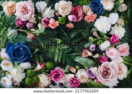 Creative composition with  colorful spring flowers and green leaves. Floral greeting card or background with space for text. Royalty-Free Stock Photo #2177962609