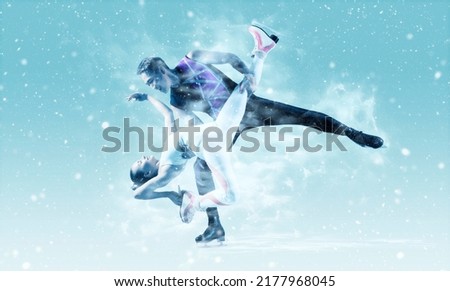 Lift. Duo figure skating in action on snow background. Sports banner