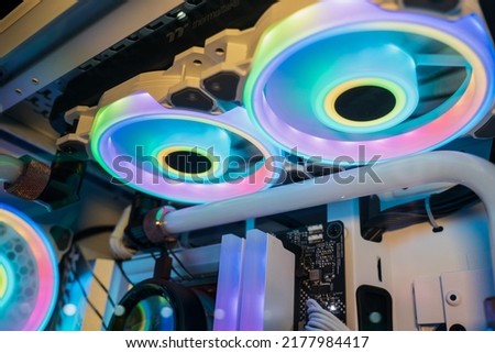 Computer water cooling system with fan with RGB lighting.