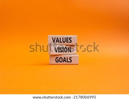 Values Vision Goals symbol. Concept words Values Vision Goals on wooden blocks. Beautiful orange background. Business and Values Vision Goals concept. Copy space.