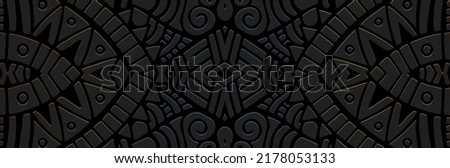 Banner, cover design. Embossed ethnic unique 3D pattern on a black background. Tribal fantasy ornaments of East, Asia, India, Mexico, Aztecs, Peru for websites, presentations. Royalty-Free Stock Photo #2178053133