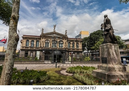Classical architectural facade of the Costa Rican National Theater Building in the center of the city of San Jose in Costa Rica Royalty-Free Stock Photo #2178084787