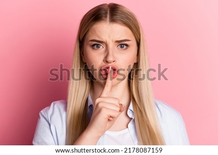 Photo of young pretty lady cover lips finger shh keep secret shut up isolated over pink color background Royalty-Free Stock Photo #2178087159