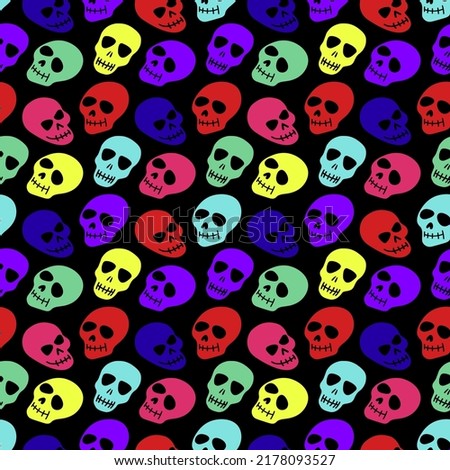 Colorful skulls seamless pattern. Skulls on a black background.Vector illustration of a skull. Bright and fashionable design for Halloween, Day of the dead, tattoos, prints, poster