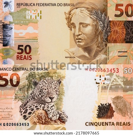 Symbolic effigy Sculpture of Braziln, Portrait from Brazil 50 Reais 2010 Banknotes. Royalty-Free Stock Photo #2178097665