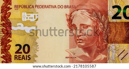 aureate effigy of the symbolic sculpture of the Brazilian Republic, Portrait from Brazil 20 Reais 2010 Banknotes.  Royalty-Free Stock Photo #2178105587