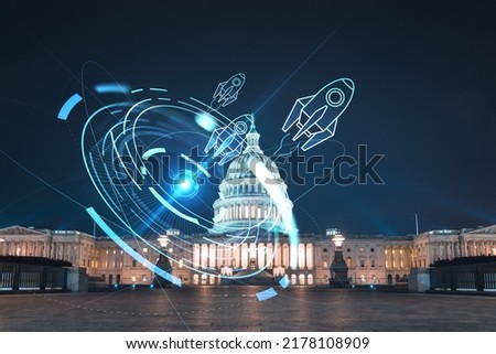 Front view, Capitol dome building at night, Washington DC, USA. Illuminated Home of Congress and Capitol Hill. Startup company, launch project to seek and develop scalable business model, hologram